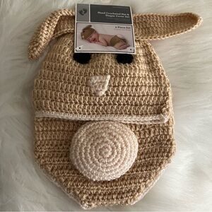 Hand Crocheted Bunny Hat & Diaper Cover Set Baby 0-9 Months 2 Pieces Tan - NEW